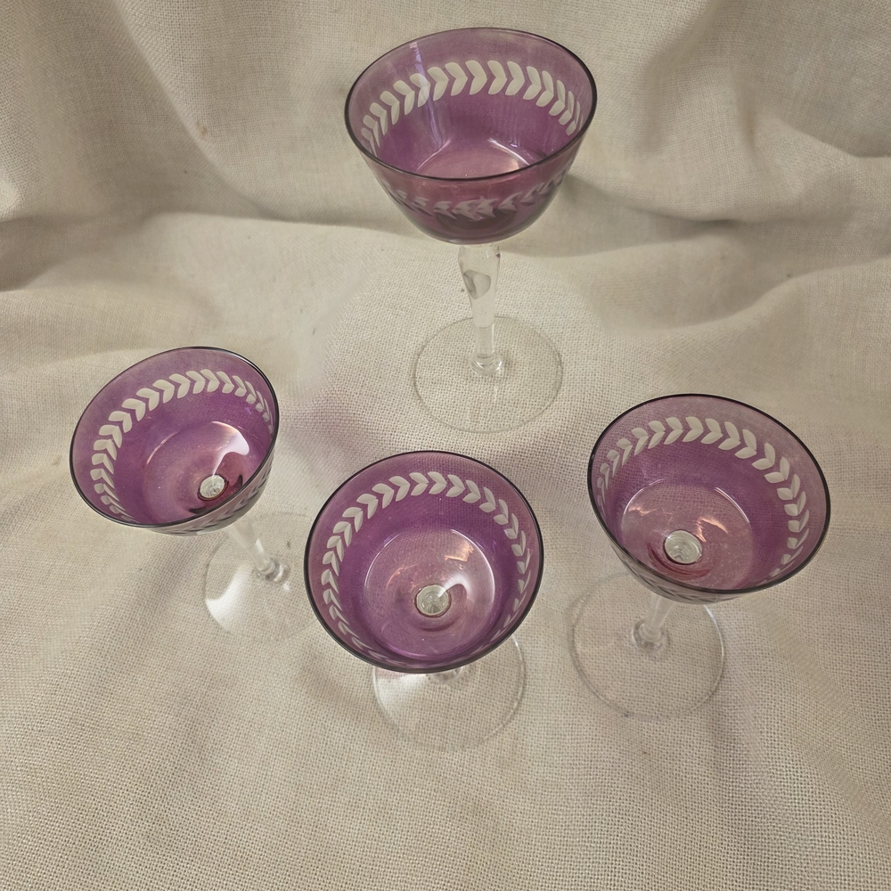 4 Mauve Color Cardnal Glasses w/ Cut Glass Design.